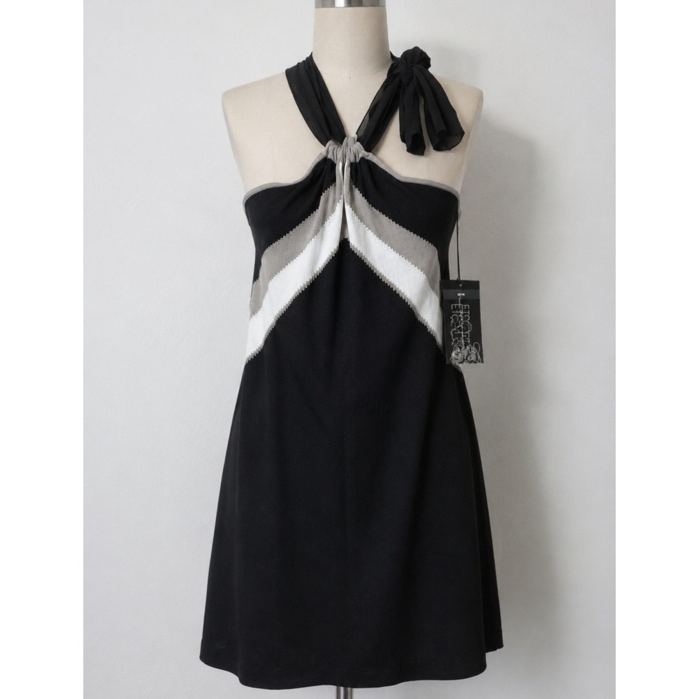 Etcetera Miami Halter Top Black White Tan Chevron Colorblock Chiffon Tie Neck M